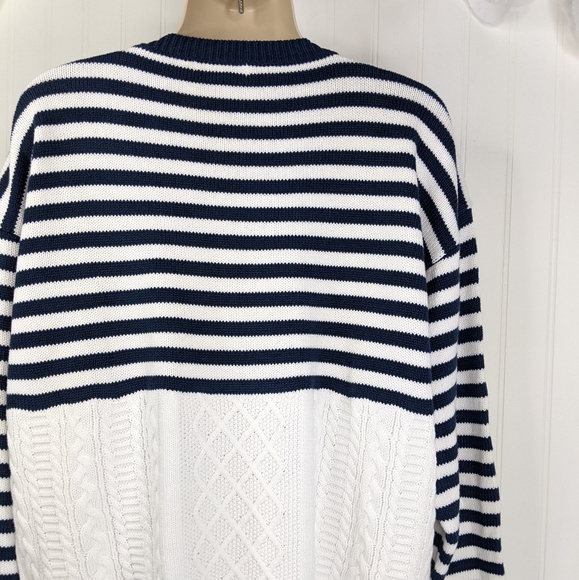 ORVIS Navy White Preppy Stripe Cable Knit Sweater Sz L - Picture 10 of 15